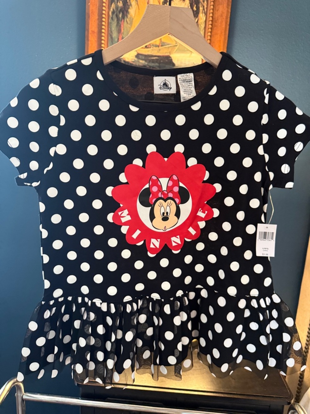 Disney Black Top with White Polka Dot Trim and Red Accent